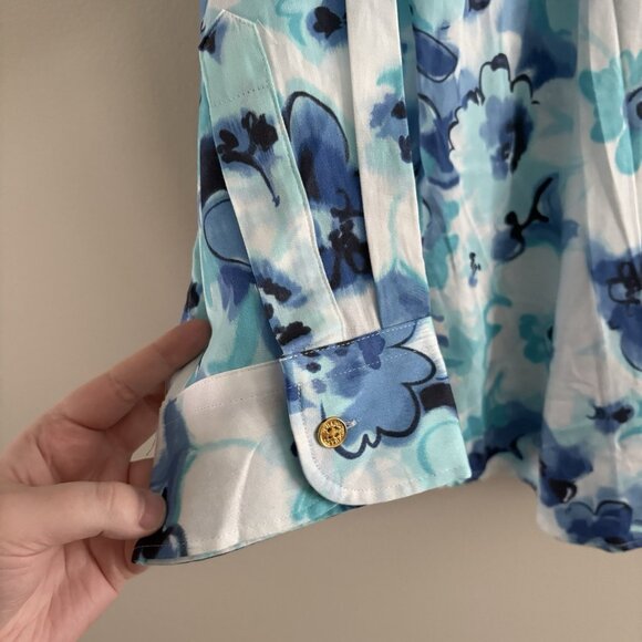 Chaps At the Seashore Womn L White/Blue Floral 3/4 Sleeve Gold Button Blouse NWT - Picture 4 of 11
